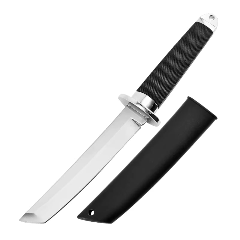 Couteau tactique japonais avec fourreau rigide noir, parfait pour le camping, la survie et la collection de coutellerie militaire