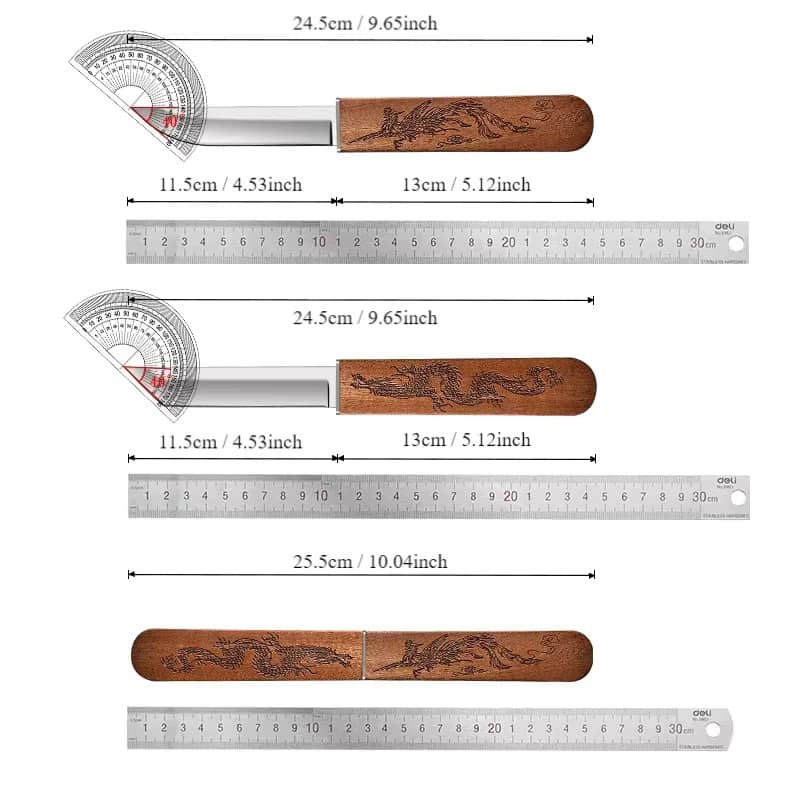Schéma technique indiquant les dimensions précises (longueur totale et longueur de lame) d'un couteau japonais Tanto à double lame avec manches en bois gravés dragon et phénix.