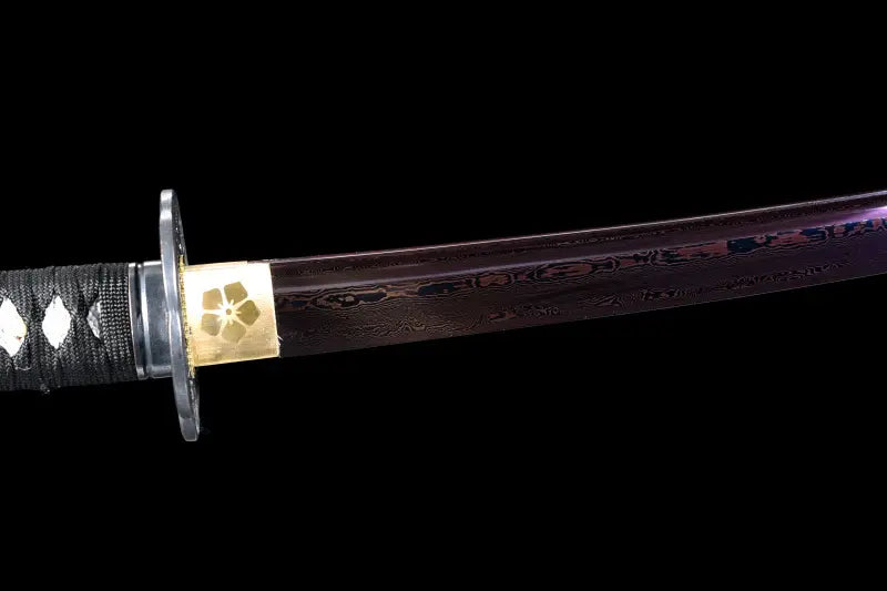 Lame du katana japonais Tomoe Gozen en acier carbone plié 880 couches, finition pourpre avec veinage visible