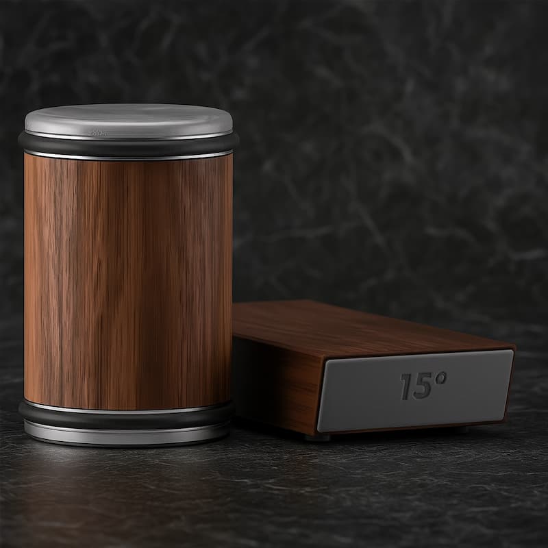 Pierre à affûter ZenSharp™ en bois naturel avec angle de 15°, idéale pour un aiguisage japonais de précision – design élégant signé Blade Bushido