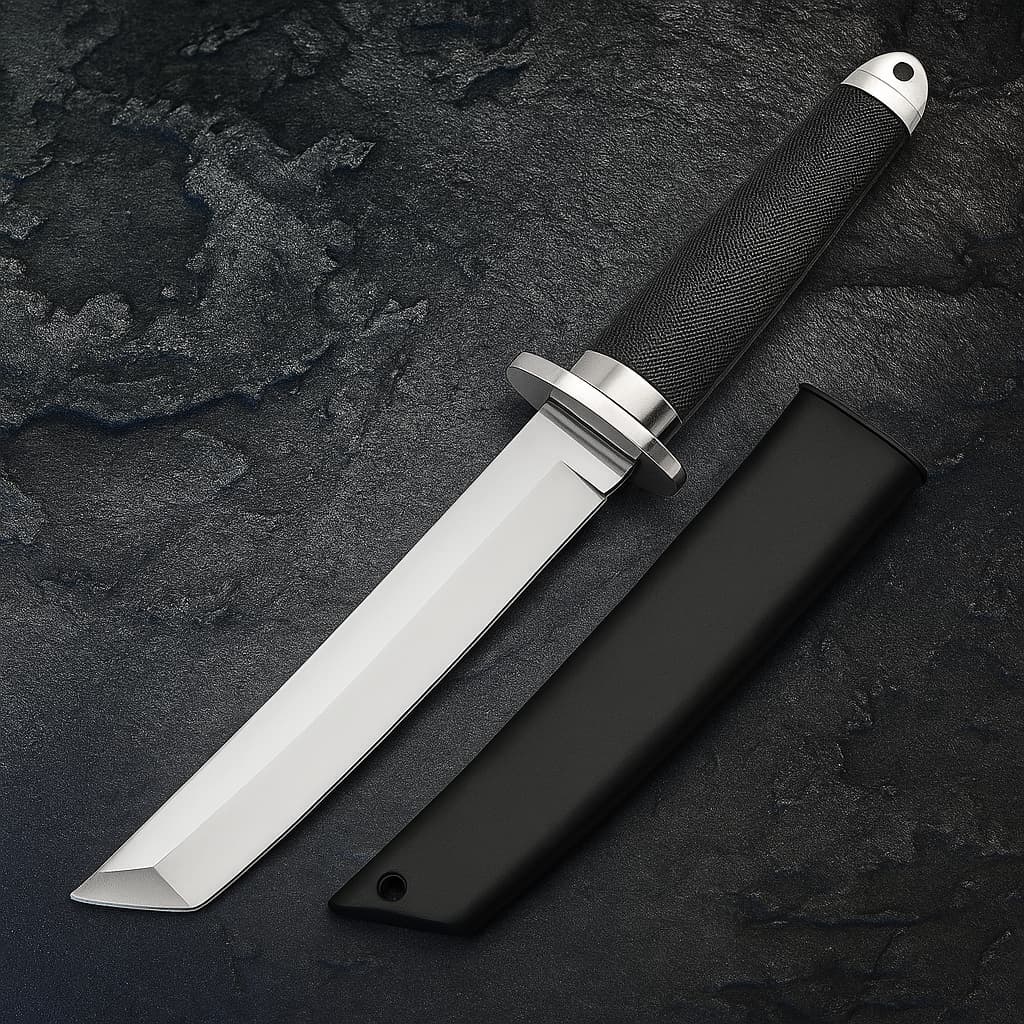 Tanto japonais tactique en acier 440C avec manche noir texturé et étui rigide assorti sur fond pierre sombre.