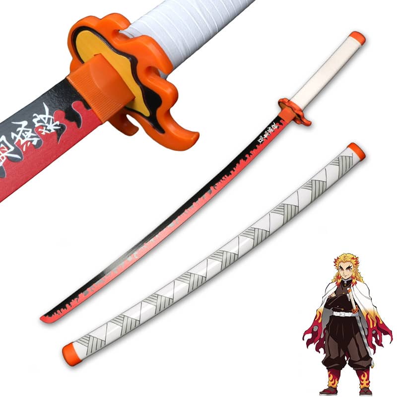 Katana en bois accessoire de cosplay du personnage Kyojuro Rengoku dans le manga Demon Slayer sabre de couleur blanc noir et rouge feu