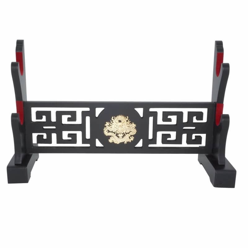 Présentoir pour katana en bois couleur noir orné d'une tête de dragon avec revêtement protecteur en velours