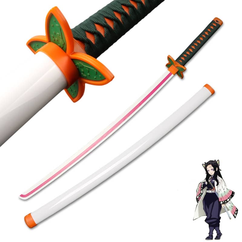 Katana en bois accessoire de cosplay du personnage Kanae Kocho dans le manga Demon Slayer sabre lame de couleur blanche et rose manche orange et vert