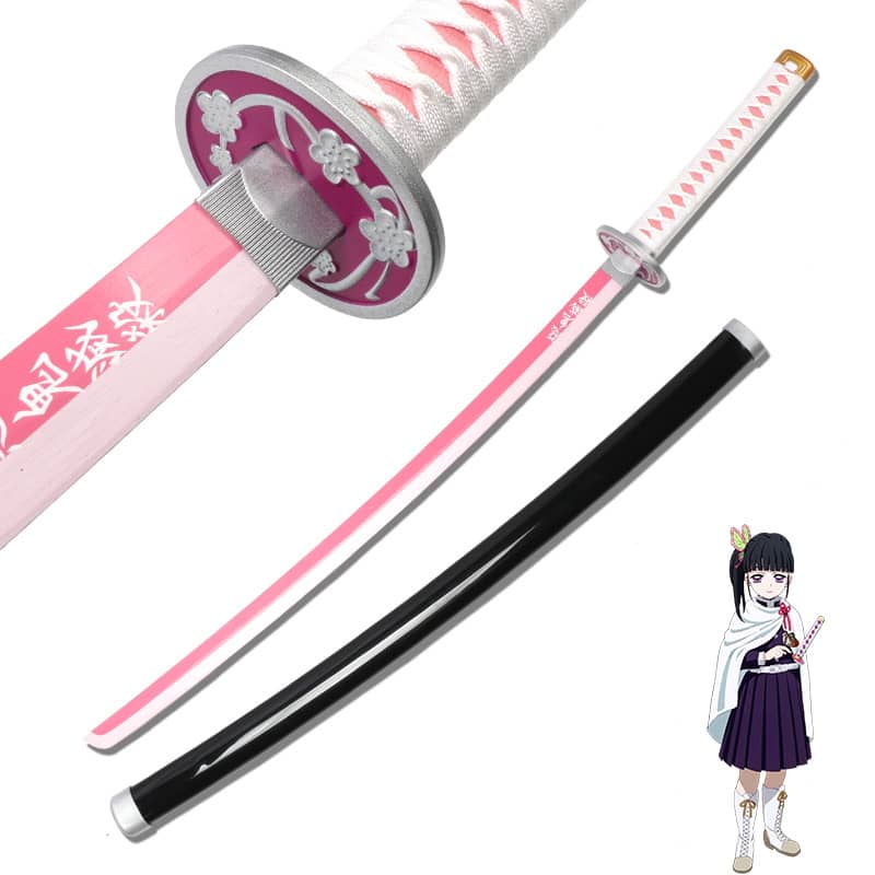 Katana en bois accessoire de cosplay du personnage Kanao Tsuyuri dans le manga Demon Slayer sabre de couleur rose et blanc