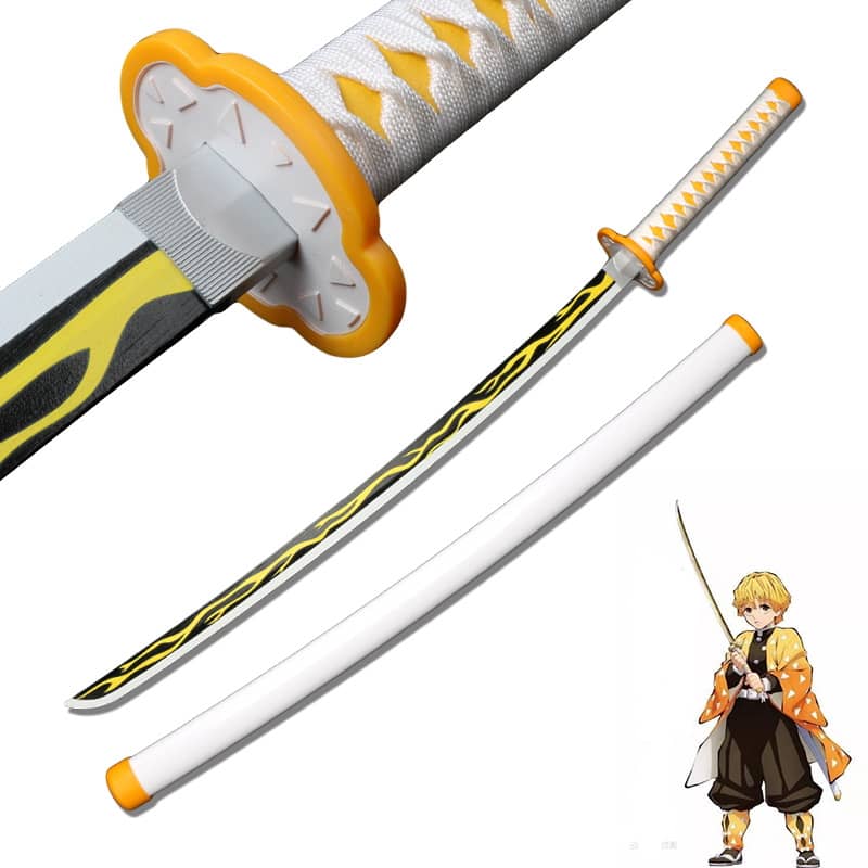 Katana en bois accessoire de cosplay du personnage Zenitsu Agatsuma dans le manga Demon Slayer sabre de couleur blanc et jaune