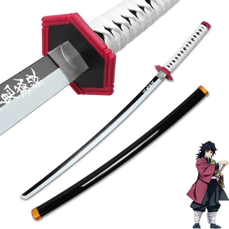 Katana en bois accessoire de cosplay du personnage Giyu Tomioka dans le manga Demon Slayer sabre de couleur blanc et violet