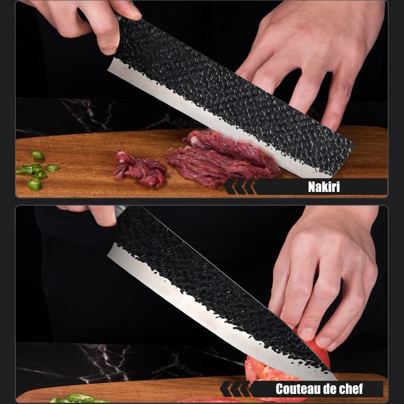 Le Nakiri, le couteau de chef et le couteau à trancher sont les outils indispensables pour une découpe précise en cuisine, avec des lames tranchantes et des poignées confortables. Notre Couteau de chef est conçu pour les chefs professionnels et les amateurs de cuisine exigeants, avec une lame en acier inoxydable de haute qualité et une poignée antidérapante.