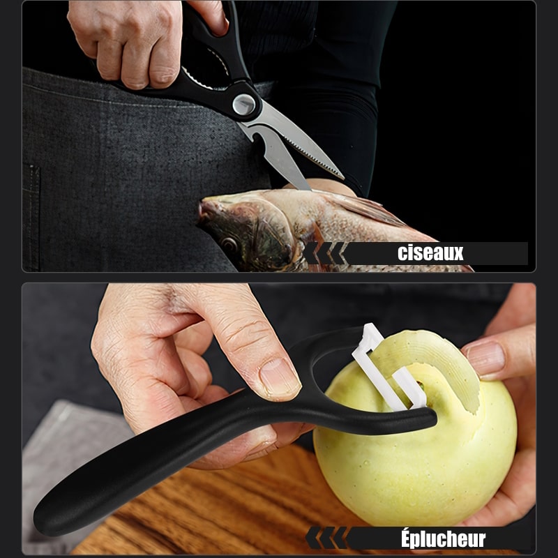 L'éplucheur est l'outil essentiel pour peler et trancher les fruits et légumes en toute simplicité, avec une lame en acier inoxydable et une poignée ergonomique pour une utilisation confortable. Notre paire de ciseaux est idéale pour découper les herbes, couper les légumes et ouvrir les emballages, avec des lames tranchantes et une poignée confortable.