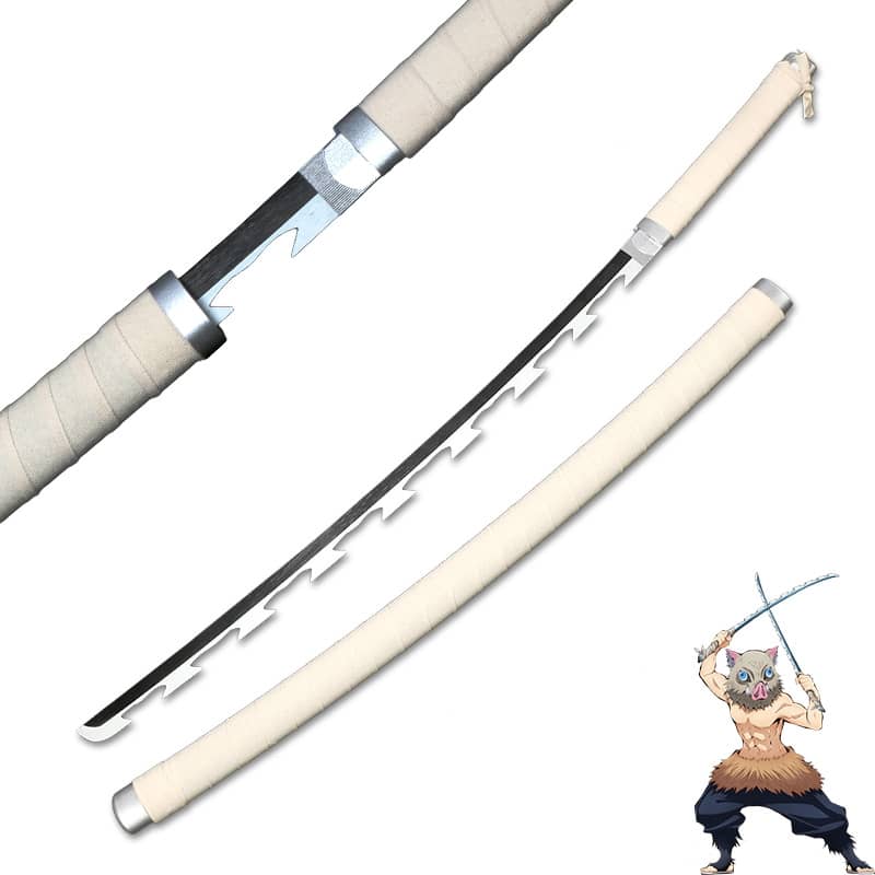 Katana en bois accessoire de cosplay du personnage Inosuke Hashibira dans le manga Demon Slayer sabre de couleur blanc