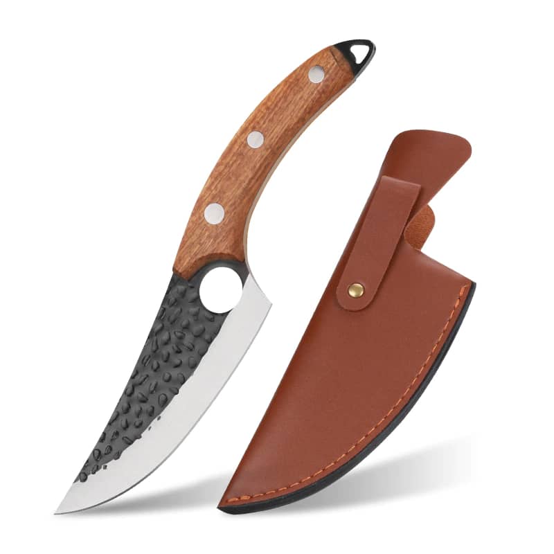 Couteau découpe de viande manche en bois avec étuis en cuir marron