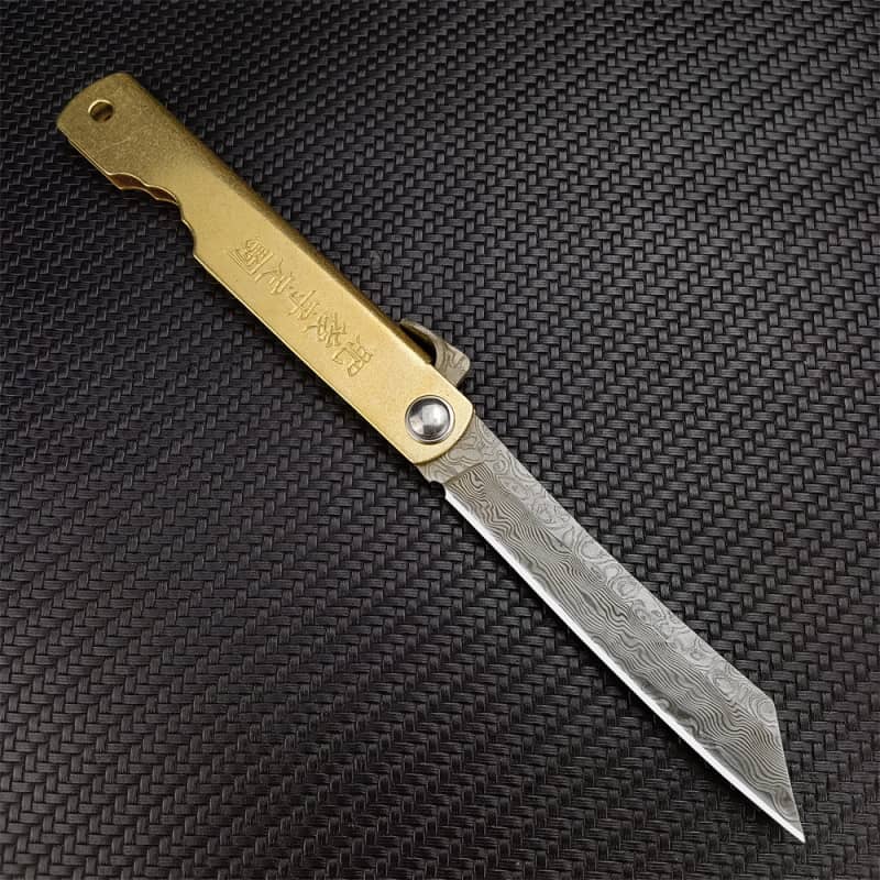 couteau traditionnel japonais pliant higonokami en acier Mokume-gane