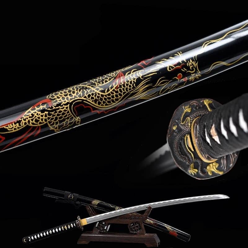 Katana artisanal avec fourreau noir motif de dragon