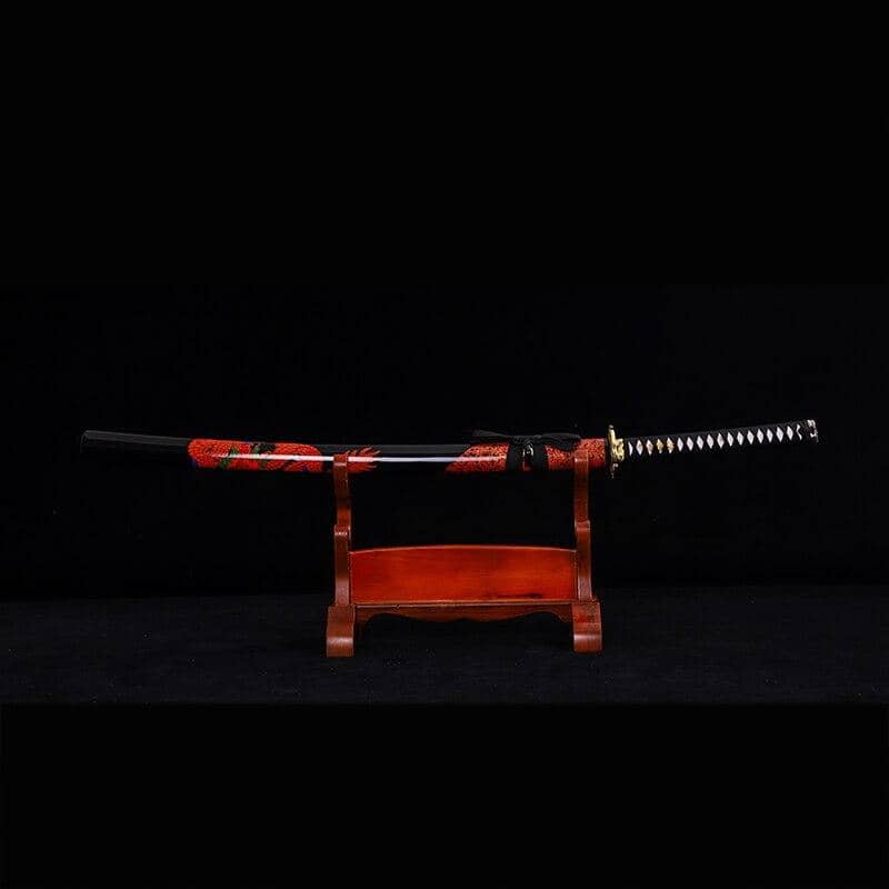 Katana artisanal Ryu motif de dragon rouge sur le fourreau