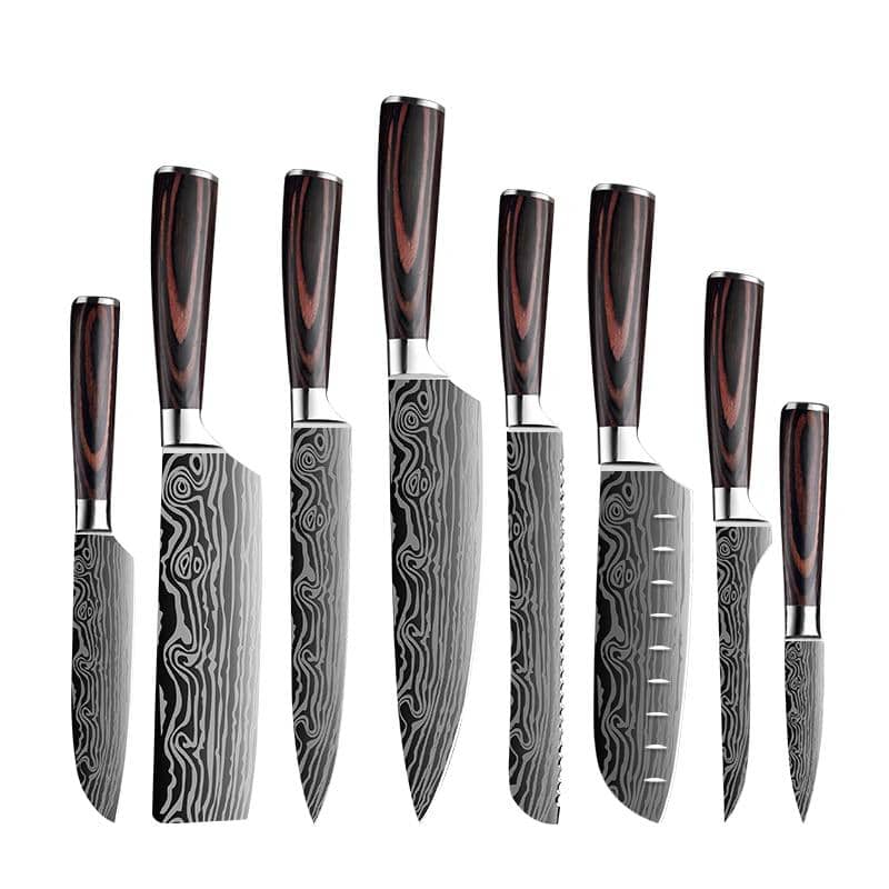 Set de huit couteau de cuisine japonais en acier imitation damas pas cher