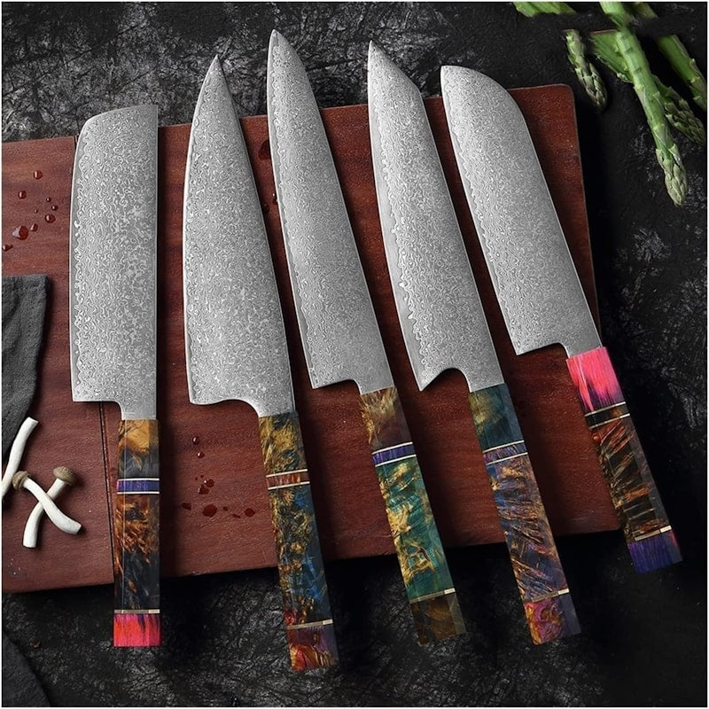 couteaux de cuisine japonais collection Satori acier damas manche en bois multicolore 
