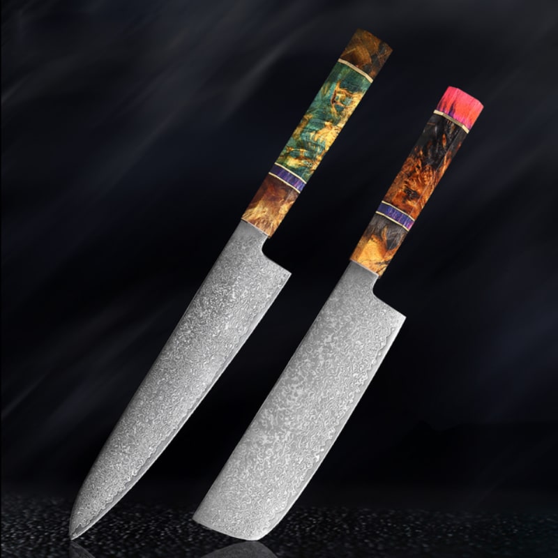 Set de 2 couteaux de cuisine japonais collection Satori acier damas manche en bois multicolore 