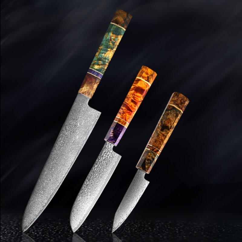 Set de 3 couteaux de cuisine japonais collection Satori acier damas manche en bois multicolore 