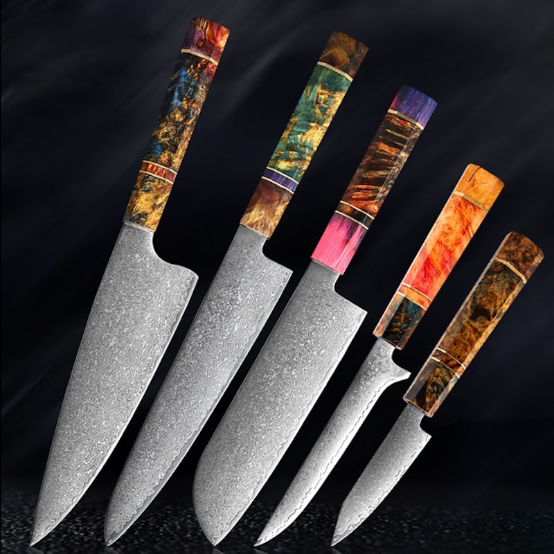Set de 5 couteaux de cuisine japonais collection Satori acier damas manche en bois multicolore 