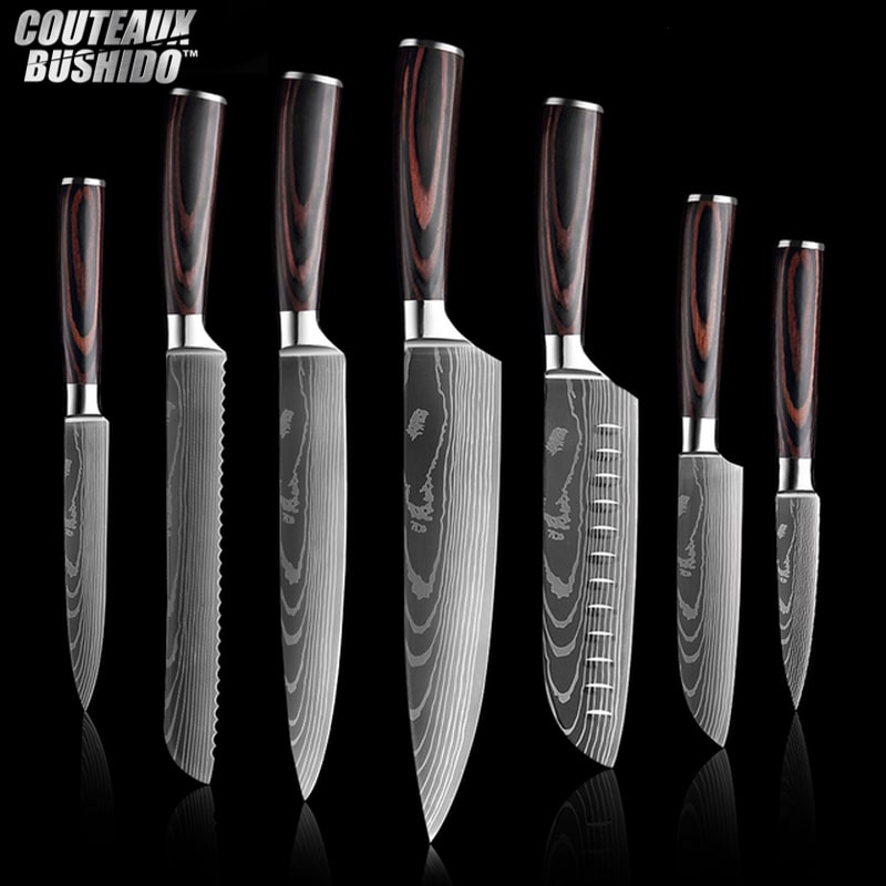 Set de 7 pièces couteaux de cuisine japonais collection kurogane acier damas