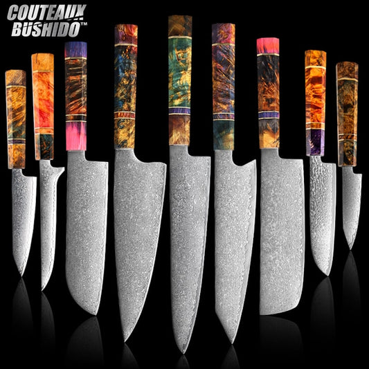 Set de 9 couteaux de cuisine japonais collection Satori acier damas manche en bois multicolore 