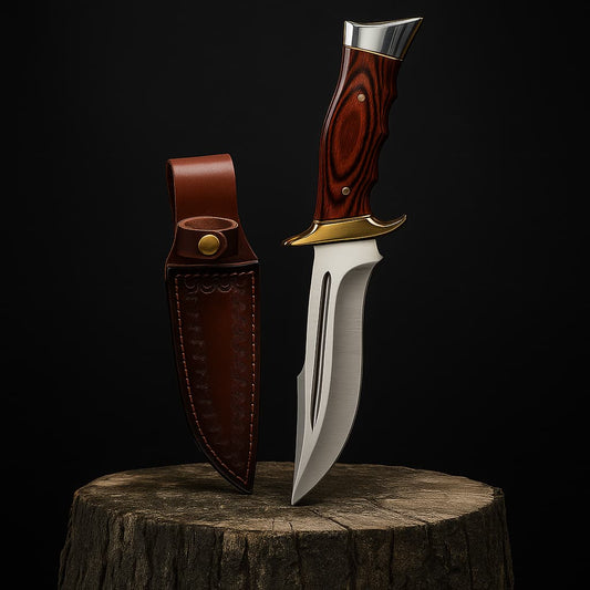 Couteau Bowie haut de gamme avec lame en acier et manche bois, présenté avec son étui en cuir sur tronc rustique – idéal survie, bushcraft et collection.