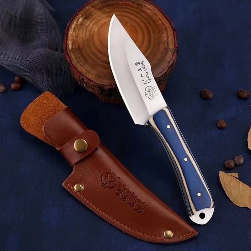 Couteau Aoshi™ japonais à viande avec lame inox tranchante, manche bleu élégant et étui en cuir robuste pour protection et transport.