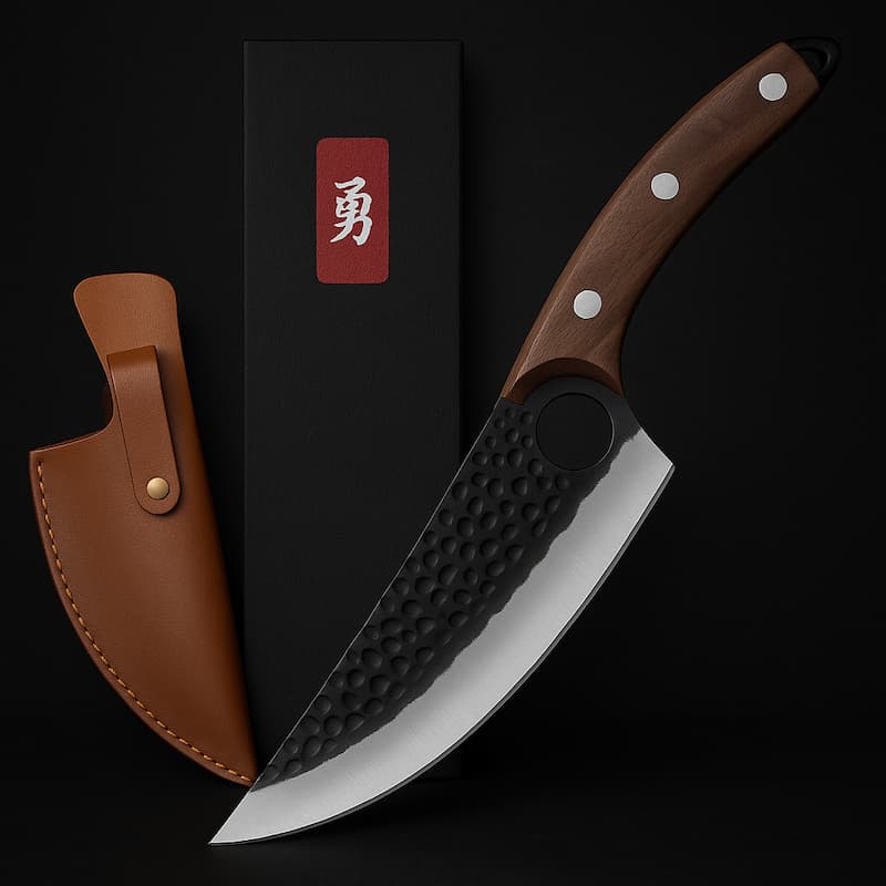 Image d’un couteau de désossage artisanal avec lame en acier noir martelé et manche en bois d’ébène, accompagné d’un étui en cuir et d’un coffret noir, style japonais minimaliste Blade Bushido.
