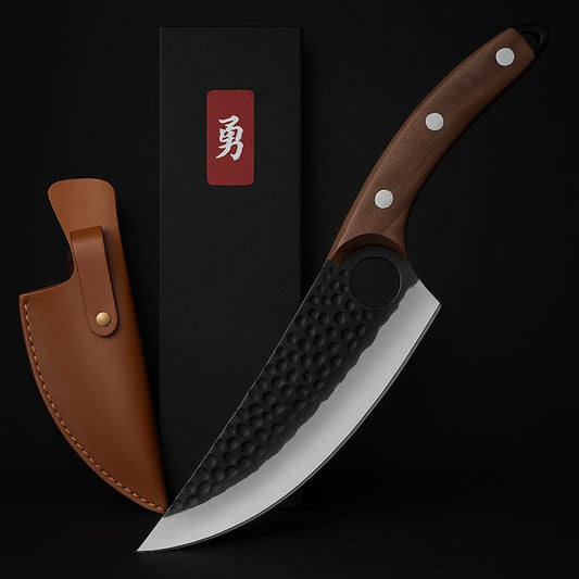 Image d’un couteau de désossage artisanal avec lame en acier noir martelé et manche en bois d’ébène, accompagné d’un étui en cuir et d’un coffret noir, style japonais minimaliste Blade Bushido.