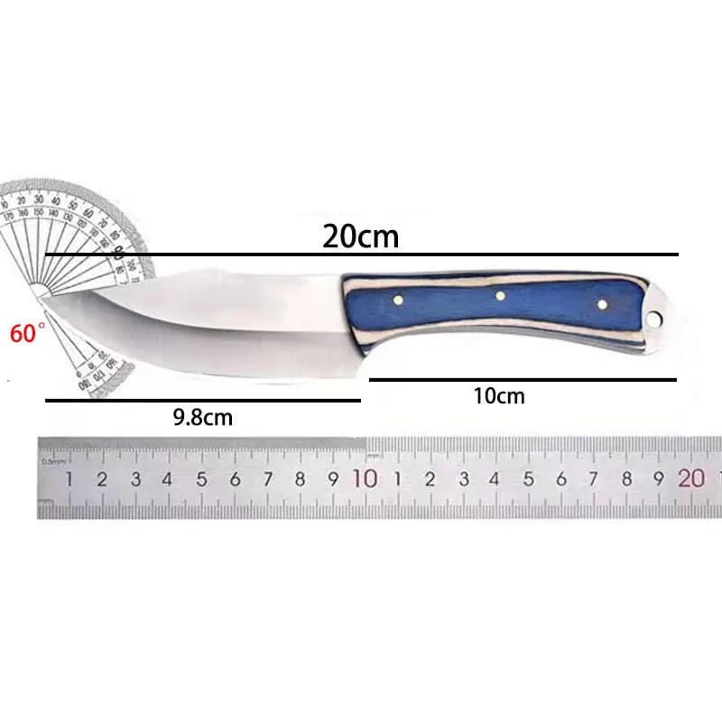 Dimensions détaillées du couteau japonais à viande Aoshi™ : lame inox 9,8 cm, manche bois bleu 10 cm, angle de coupe 60°, idéal pour désosser et découper la viande.
