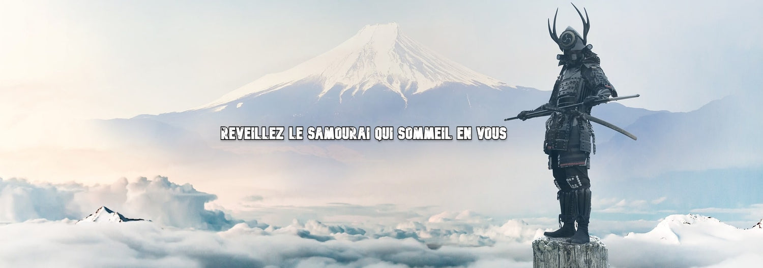 Un samouraï sombre percher dans les nuage avec le mont Fuji en fond et le texte. Réveillez le samurai qui sommeil en vous. 