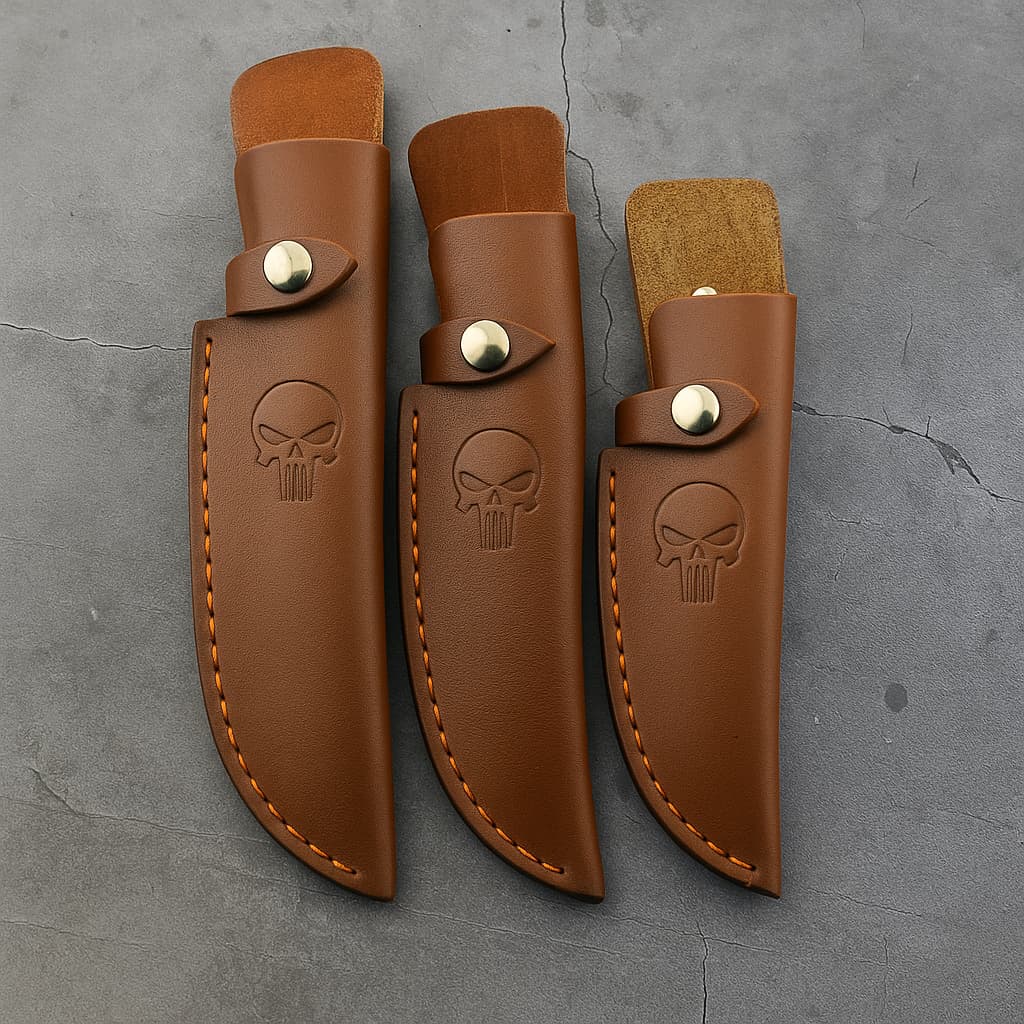 Trois étuis en cuir Punisher marron, couture orange, présentés de face sur fond béton gris craquelé – tailles S, M et L.