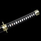 Gros plan sur la poignée noire en tsuka-maki du katana japonais Shusui avec peau de raie blanche synthétique.