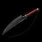 Vue latérale du katana Tengen Uzui dans son fourreau noir rigide, poignée rouge tressée avec garde dorée – ambiance sobre et immersive sur fond no