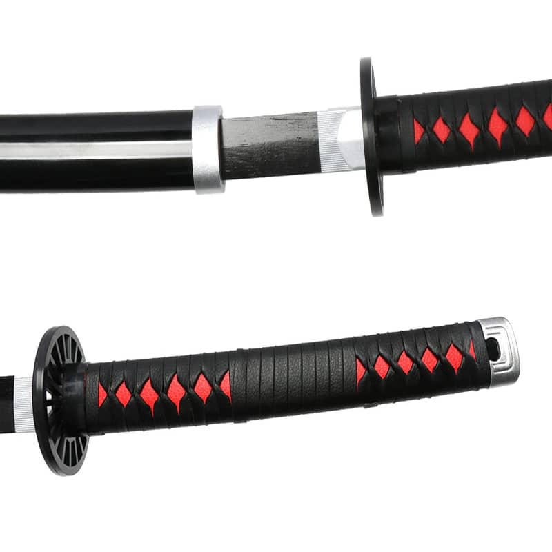 Katana en bois accessoire de cosplay du personnage Tanjirō Kamado dans le manga demon slayer  couleur noir et rouge mange en cuir tressé