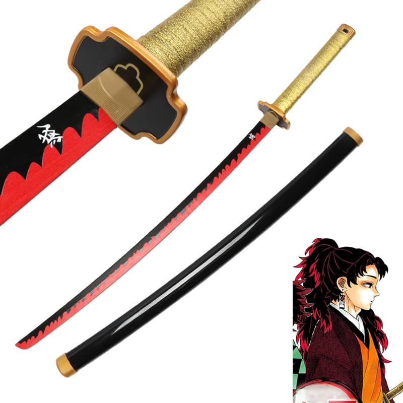 Katana en bois accessoire de cosplay du personnage Tsugikuni Yoriichi dans le manga Demon Slayer sabre de couleur pourpre et doré