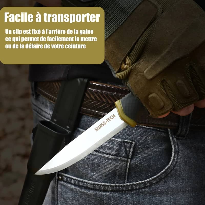 couteau Facile à transporter  Un clip est fixé à l’arrière de la gaine ce qui permet de facilement la mettre ou de la défaire de votre ceinture. 