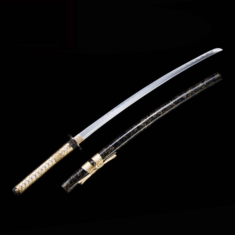 Katana en acier carbone manche en simili cuir doré foureau noir et doré. Arme de ancienne de collection sabre Mototada Torii