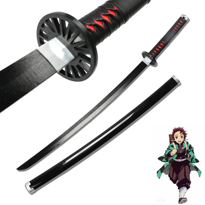 image produit katana en bois reproduction du katana de Tanjiro anime demon slayer couleur noir